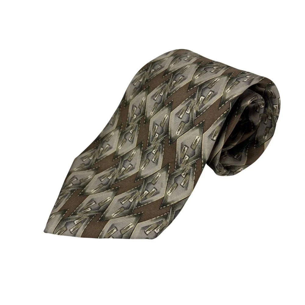 Basics By Croft & Barrow Mens 100% Silk Tie Brown Tan Gray Geometric Diamond USA